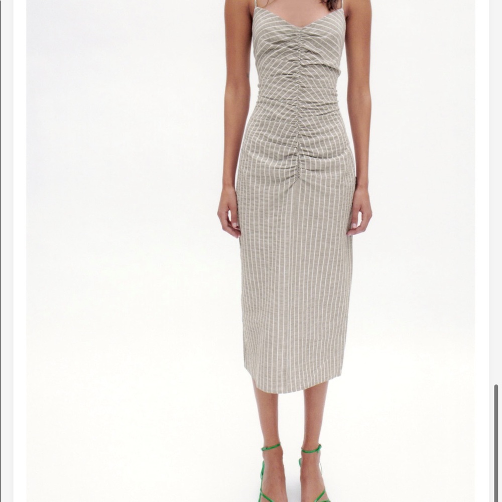 Zara striped tan and white cotton midi dress NWT - Picture 1 of 10